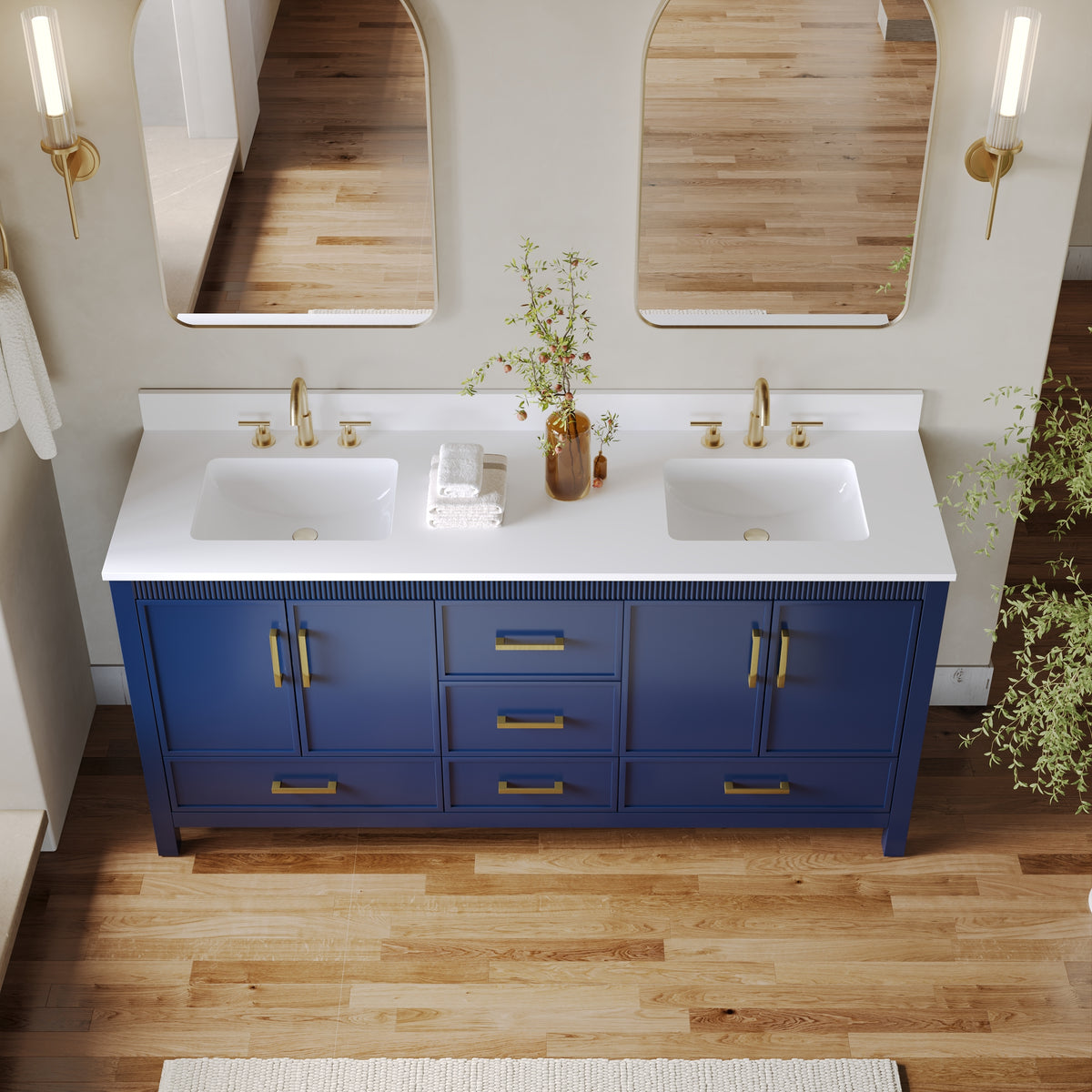 72 Inch Freestanding Solid Wood Bathroom Vanity with Pure White Quartz Countertop, 4 Soft-Close Doors & 5 Dovetail Drawers, Navy Blue