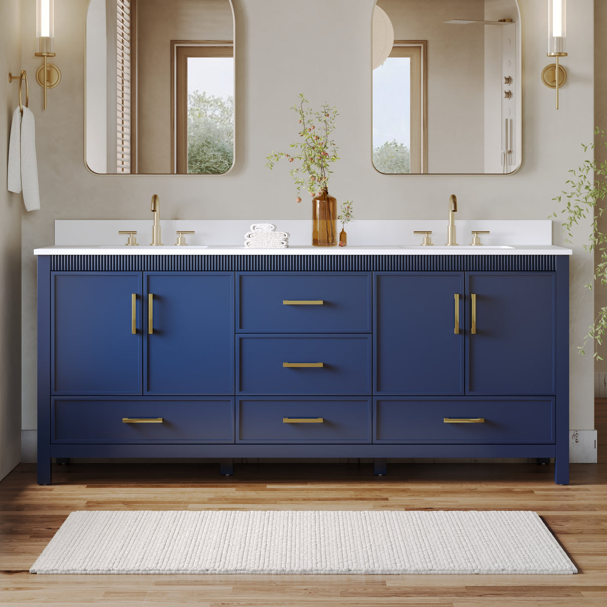 80 Inch Freestanding Solid Wood Bathroom Vanity with Pure White Quartz Countertop, 4 Soft-Close Doors & 5 Dovetail Drawers, Navy Blue