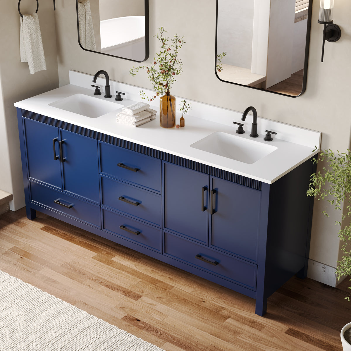 80 Inch Freestanding Solid Wood Bathroom Vanity with Pure White Quartz Countertop, 4 Soft-Close Doors & 5 Dovetail Drawers, Navy Blue