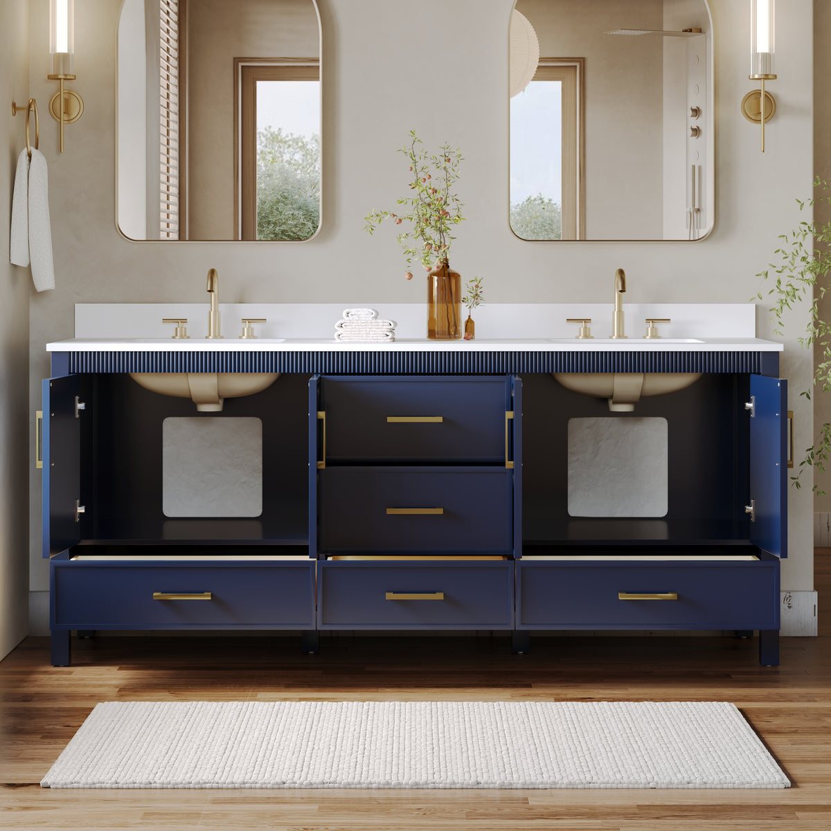 80 Inch Freestanding Solid Wood Bathroom Vanity with Pure White Quartz Countertop, 4 Soft-Close Doors & 5 Dovetail Drawers, Navy Blue