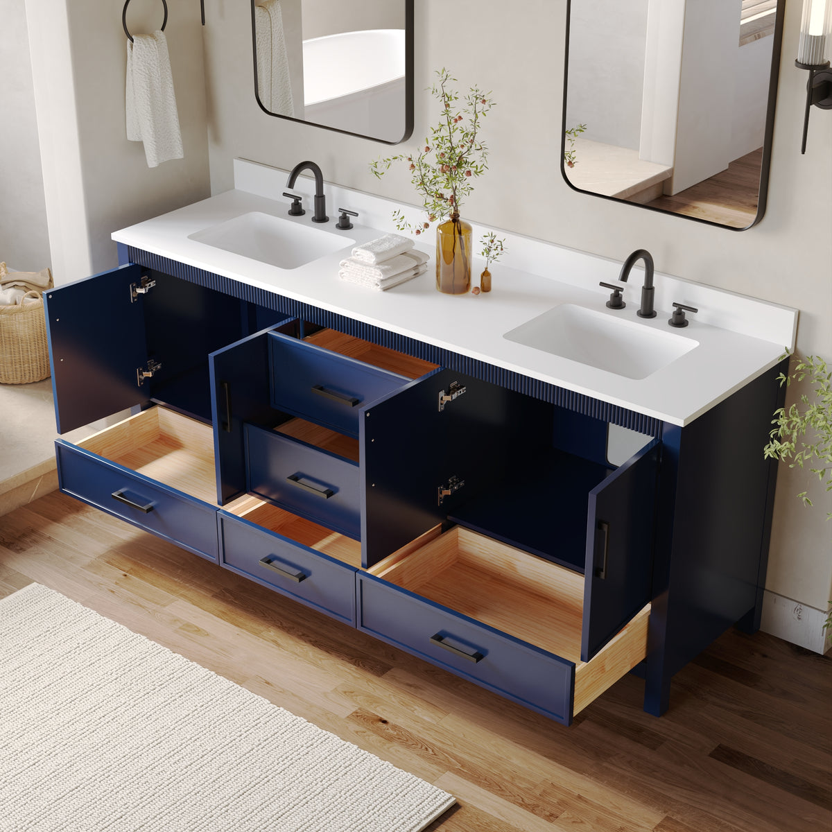 80 Inch Freestanding Solid Wood Bathroom Vanity with Pure White Quartz Countertop, 4 Soft-Close Doors & 5 Dovetail Drawers, Navy Blue