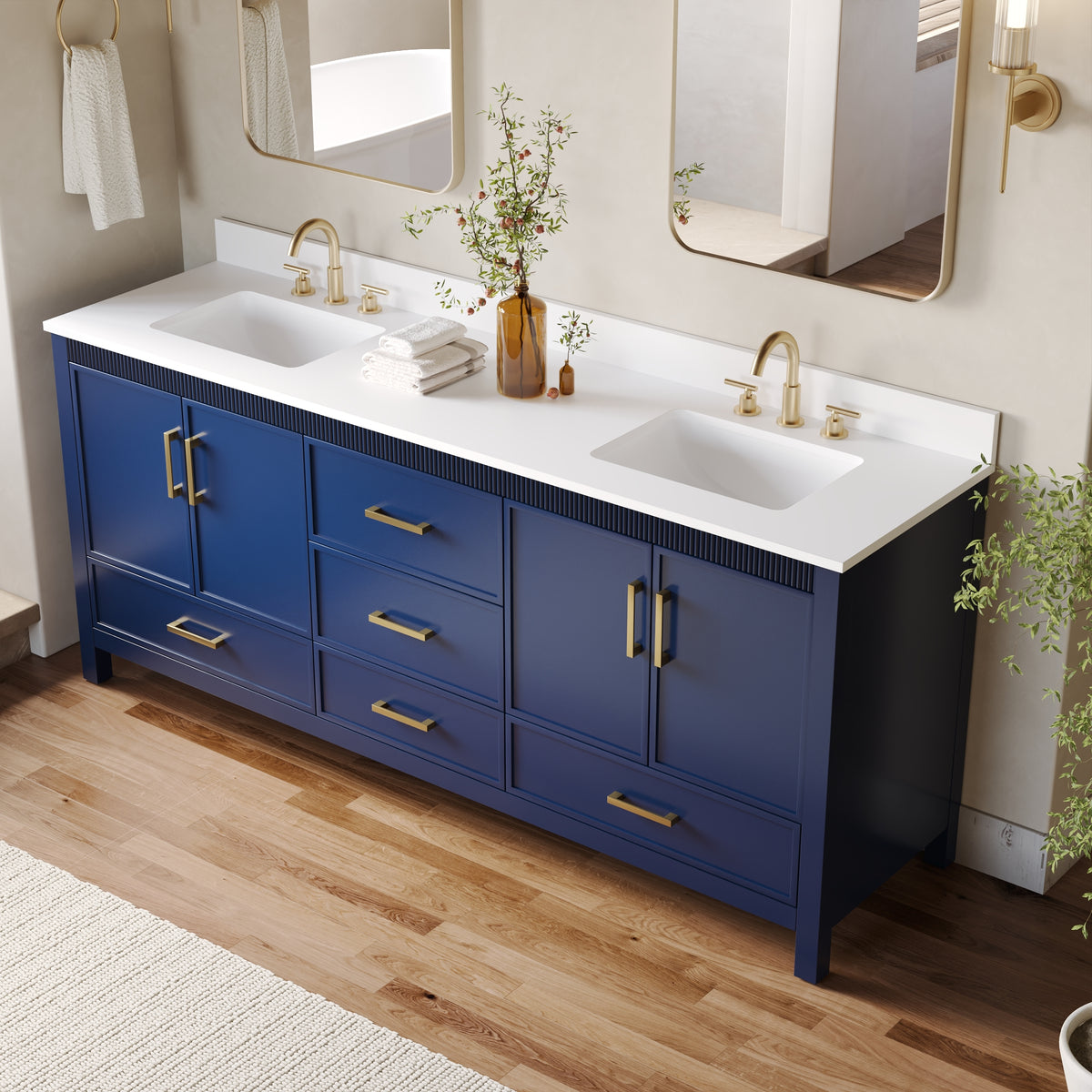 80 Inch Freestanding Solid Wood Bathroom Vanity with Pure White Quartz Countertop, 4 Soft-Close Doors & 5 Dovetail Drawers, Navy Blue