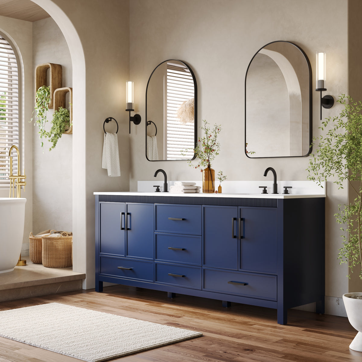 80 Inch Freestanding Solid Wood Bathroom Vanity with Pure White Quartz Countertop, 4 Soft-Close Doors & 5 Dovetail Drawers, Navy Blue