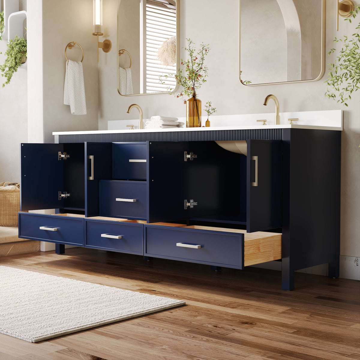 80 Inch Freestanding Solid Wood Bathroom Vanity with Pure White Quartz Countertop, 4 Soft-Close Doors & 5 Dovetail Drawers, Navy Blue
