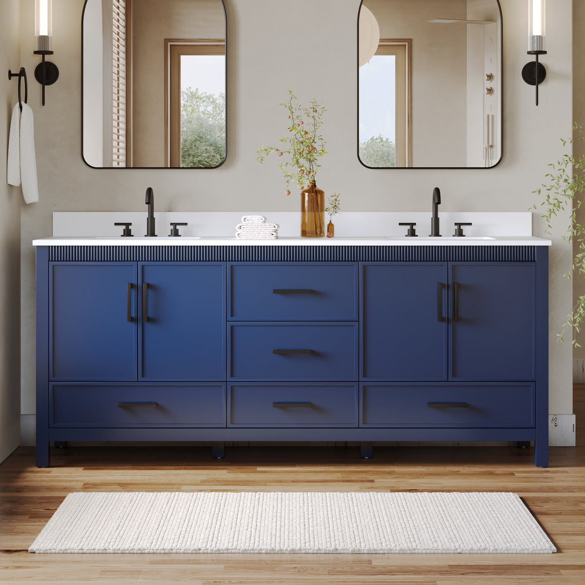 80 Inch Freestanding Solid Wood Bathroom Vanity with Pure White Quartz Countertop, 4 Soft-Close Doors & 5 Dovetail Drawers, Navy Blue
