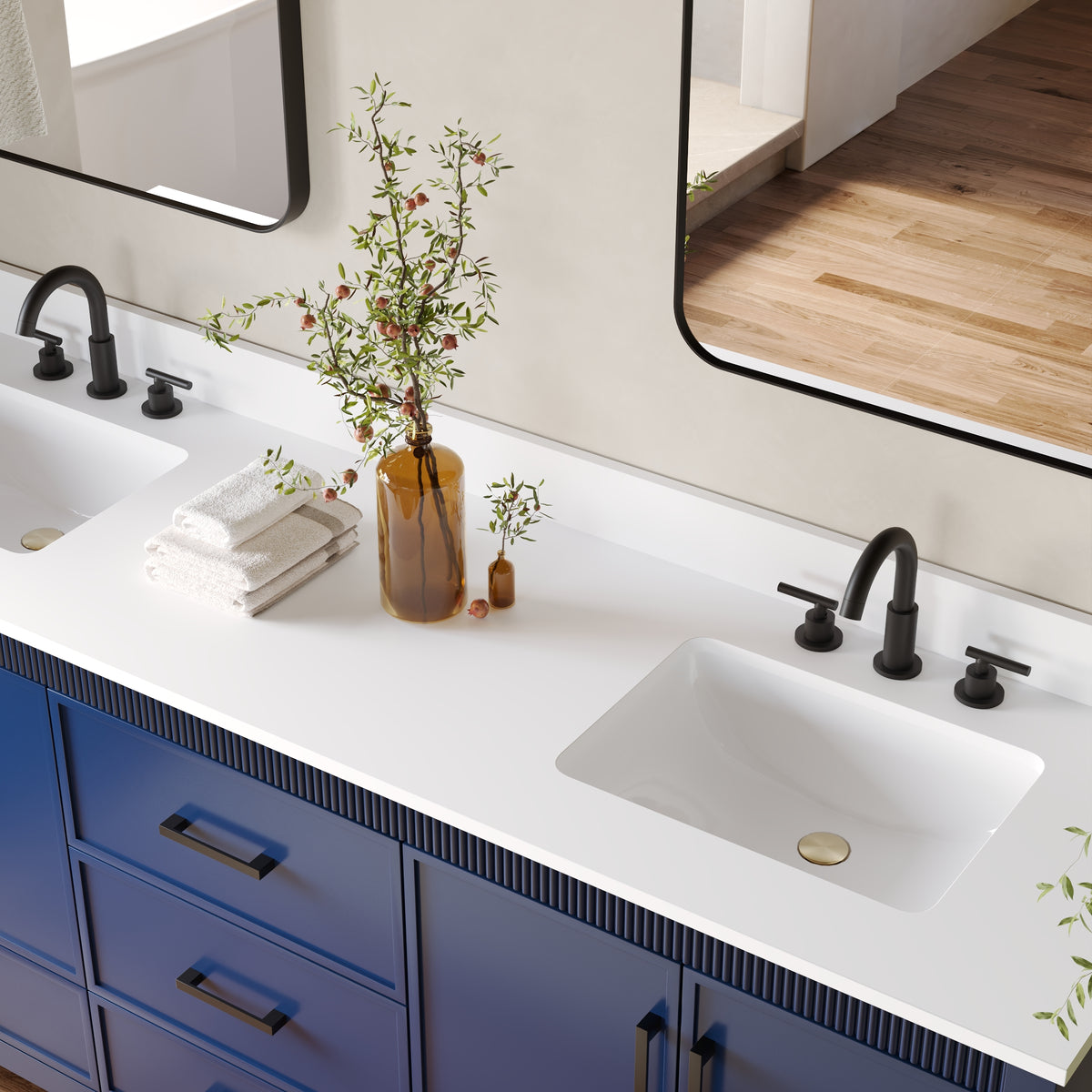 80 Inch Freestanding Solid Wood Bathroom Vanity with Pure White Quartz Countertop, 4 Soft-Close Doors & 5 Dovetail Drawers, Navy Blue