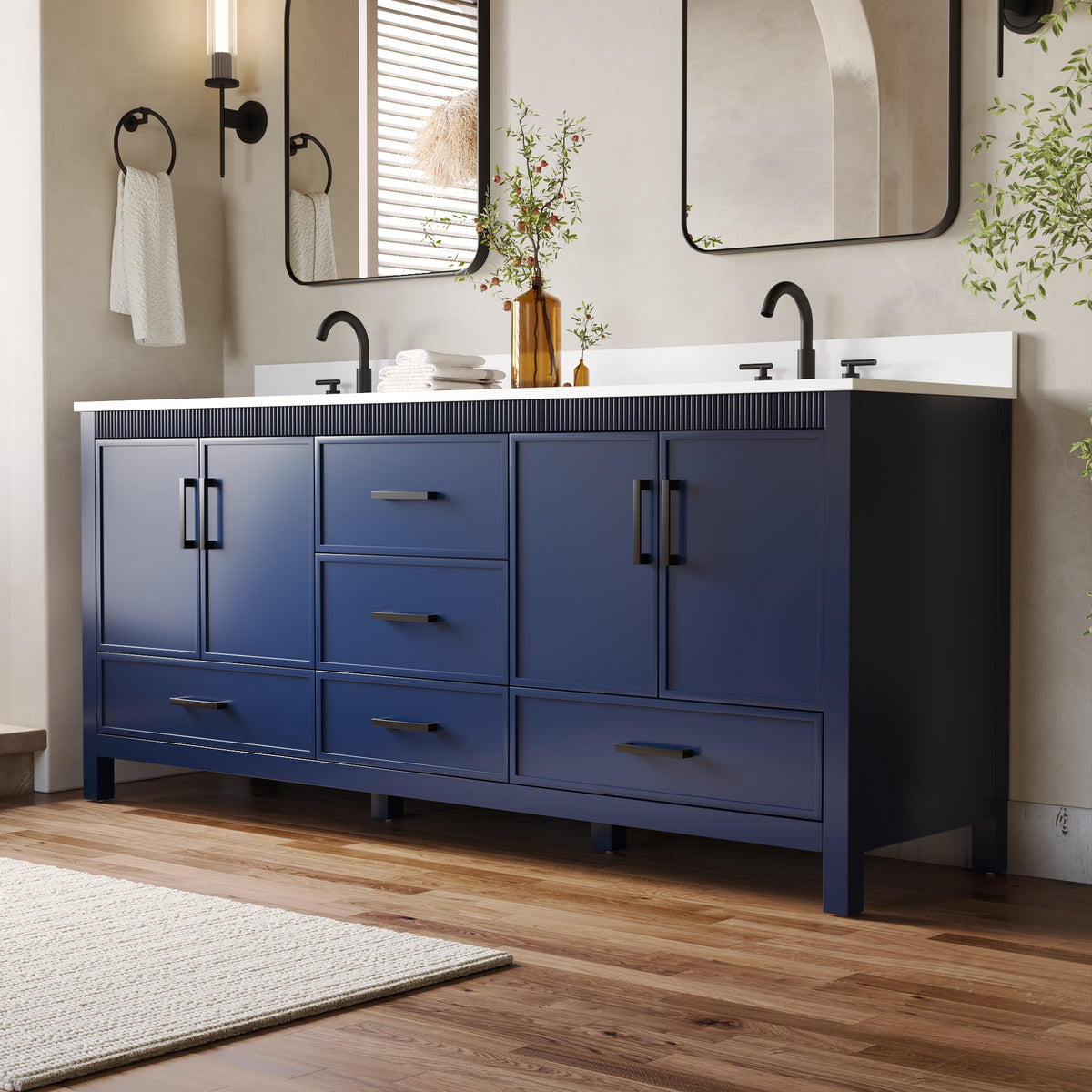 80 Inch Freestanding Solid Wood Bathroom Vanity with Pure White Quartz Countertop, 4 Soft-Close Doors & 5 Dovetail Drawers, Navy Blue
