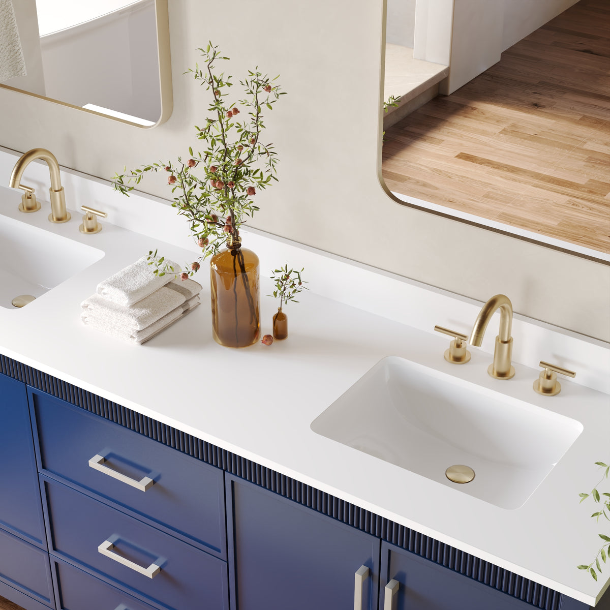 80 Inch Freestanding Solid Wood Bathroom Vanity with Pure White Quartz Countertop, 4 Soft-Close Doors & 5 Dovetail Drawers, Navy Blue