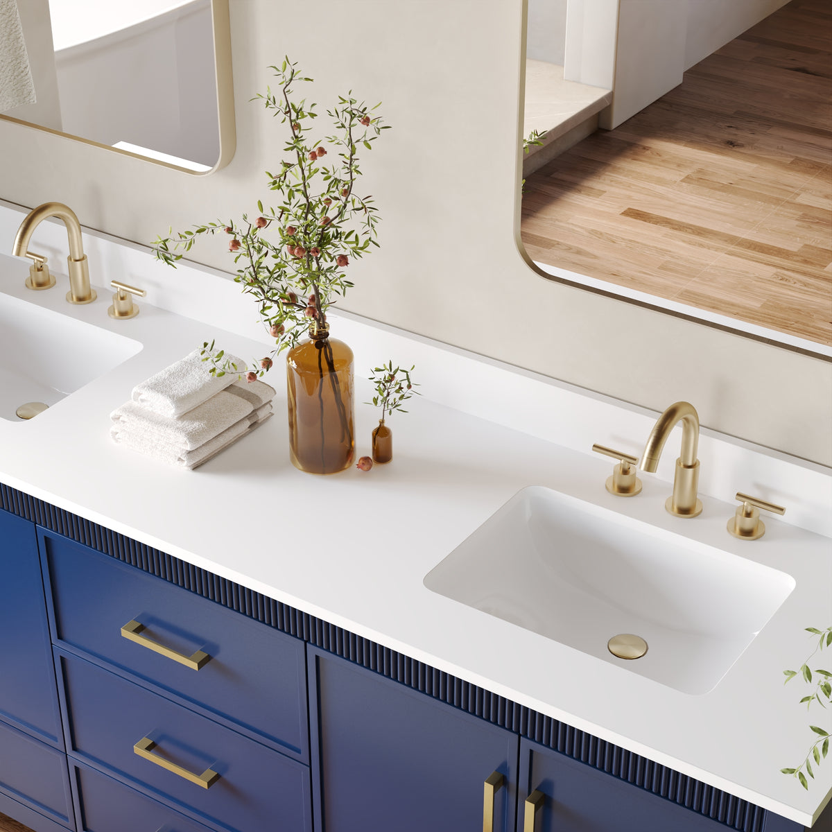 80 Inch Freestanding Solid Wood Bathroom Vanity with Pure White Quartz Countertop, 4 Soft-Close Doors & 5 Dovetail Drawers, Navy Blue
