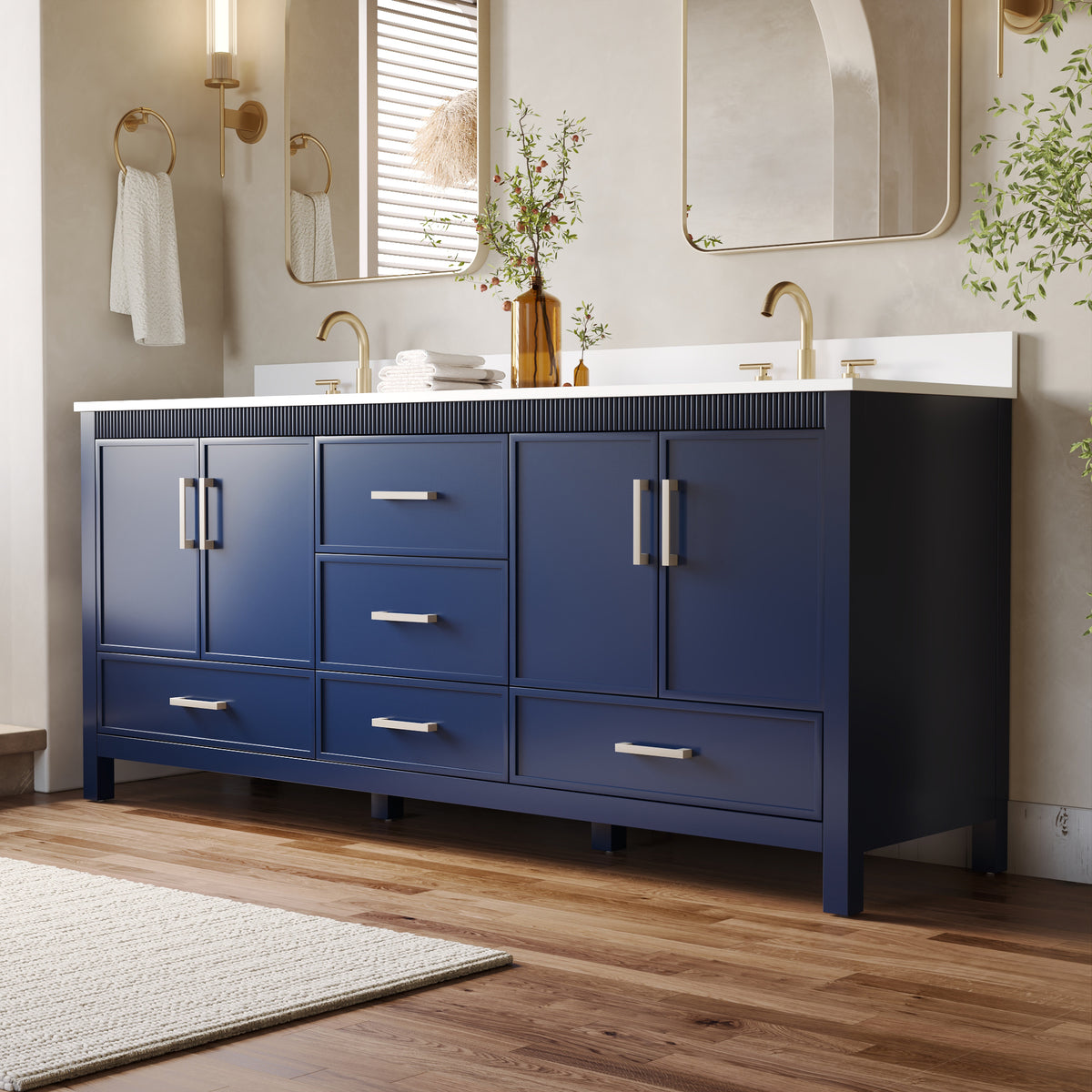 80 Inch Freestanding Solid Wood Bathroom Vanity with Pure White Quartz Countertop, 4 Soft-Close Doors & 5 Dovetail Drawers, Navy Blue
