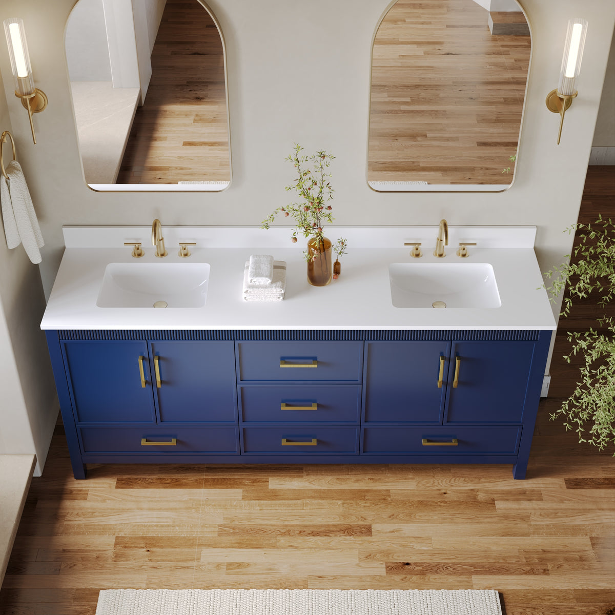 80 Inch Freestanding Solid Wood Bathroom Vanity with Pure White Quartz Countertop, 4 Soft-Close Doors & 5 Dovetail Drawers, Navy Blue
