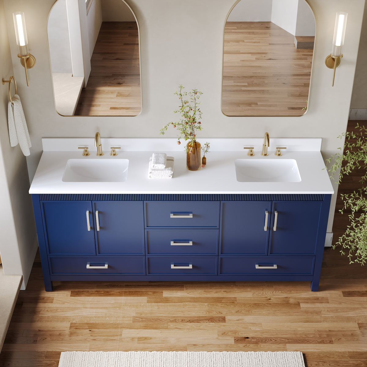 80 Inch Freestanding Solid Wood Bathroom Vanity with Pure White Quartz Countertop, 4 Soft-Close Doors & 5 Dovetail Drawers, Navy Blue