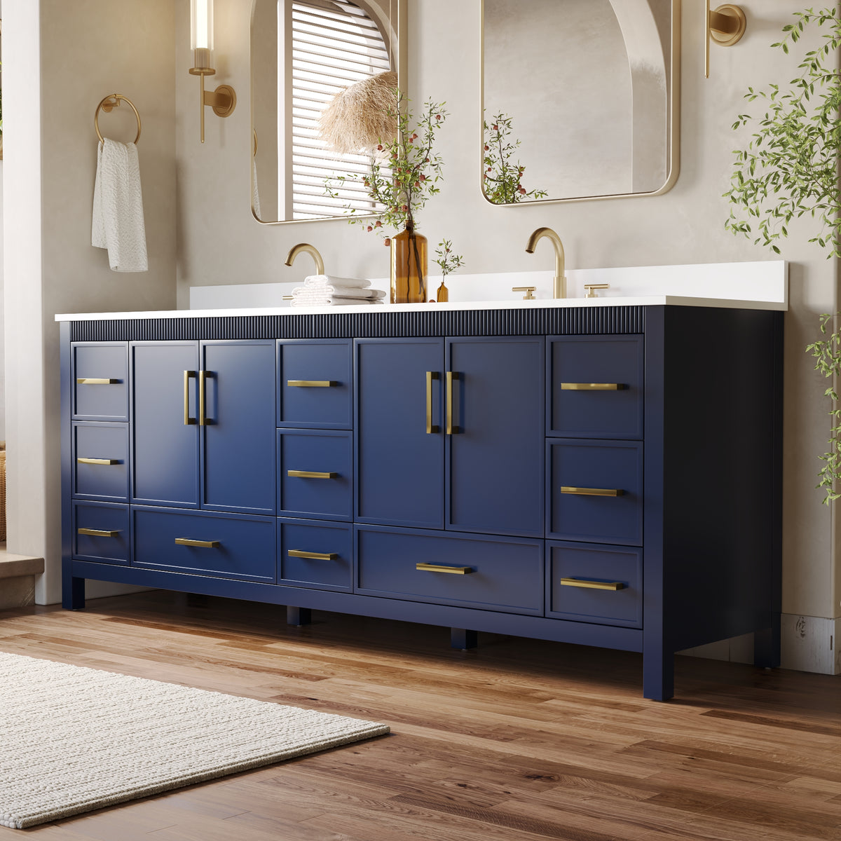 84 Inch Freestanding Solid Wood Bathroom Vanity with Pure White Quartz Countertop, 4 Soft-Close Doors & 11 Dovetail Drawers, Navy Blue