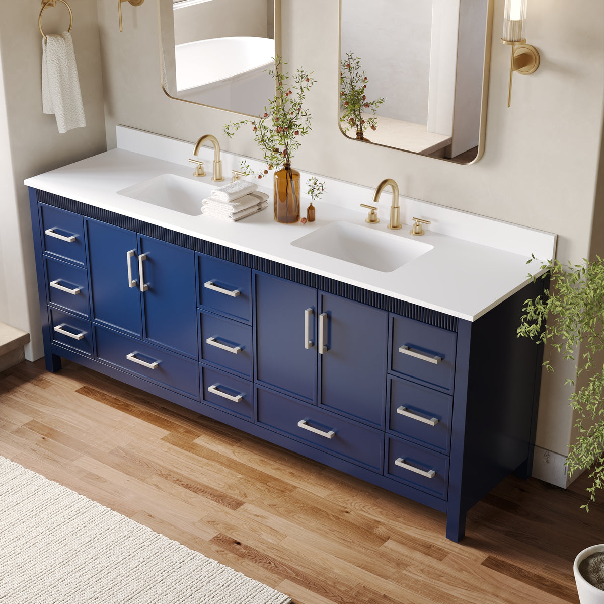 84 Inch Freestanding Solid Wood Bathroom Vanity with Pure White Quartz Countertop, 4 Soft-Close Doors & 11 Dovetail Drawers, Navy Blue