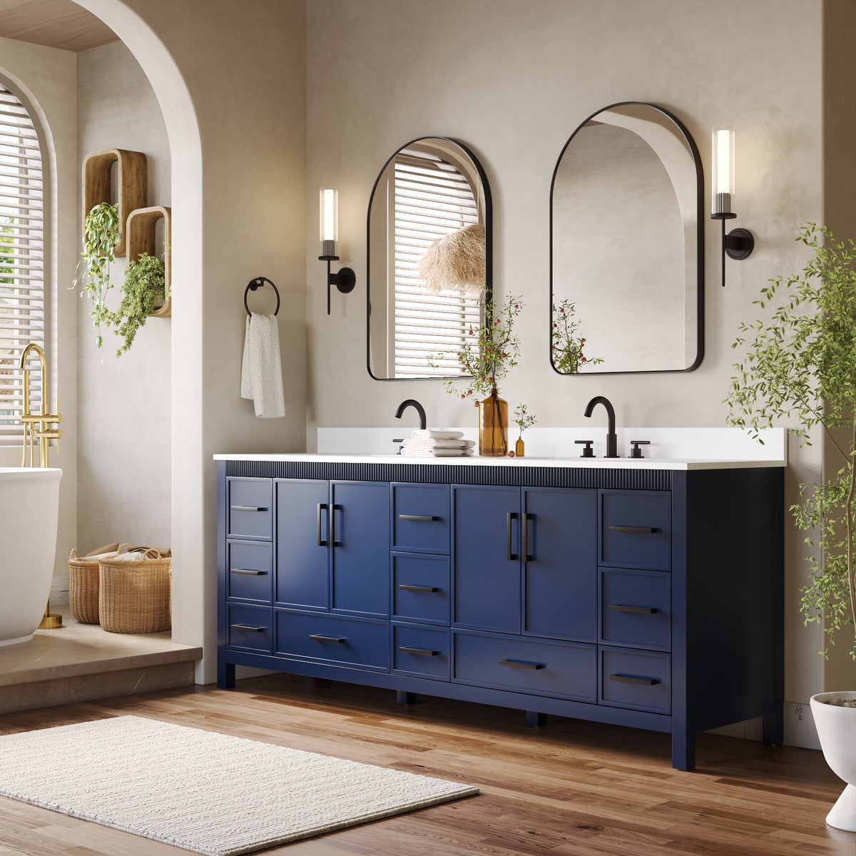 84 Inch Freestanding Solid Wood Bathroom Vanity with Pure White Quartz Countertop, 4 Soft-Close Doors & 11 Dovetail Drawers, Navy Blue