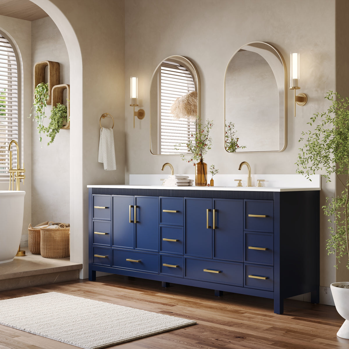 84 Inch Freestanding Solid Wood Bathroom Vanity with Pure White Quartz Countertop, 4 Soft-Close Doors & 11 Dovetail Drawers, Navy Blue
