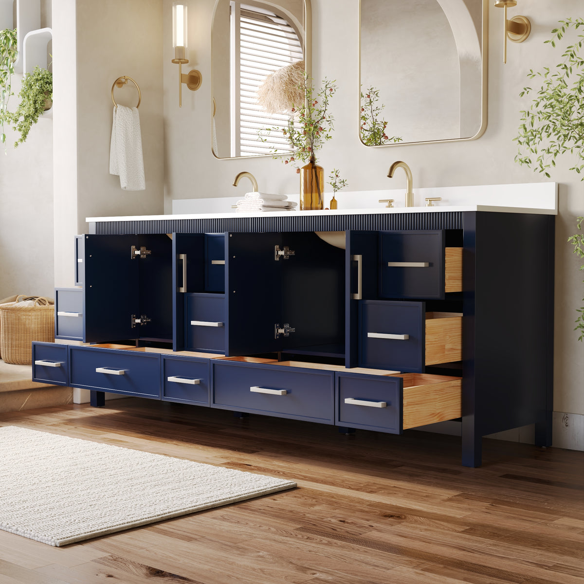 84 Inch Freestanding Solid Wood Bathroom Vanity with Pure White Quartz Countertop, 4 Soft-Close Doors & 11 Dovetail Drawers, Navy Blue