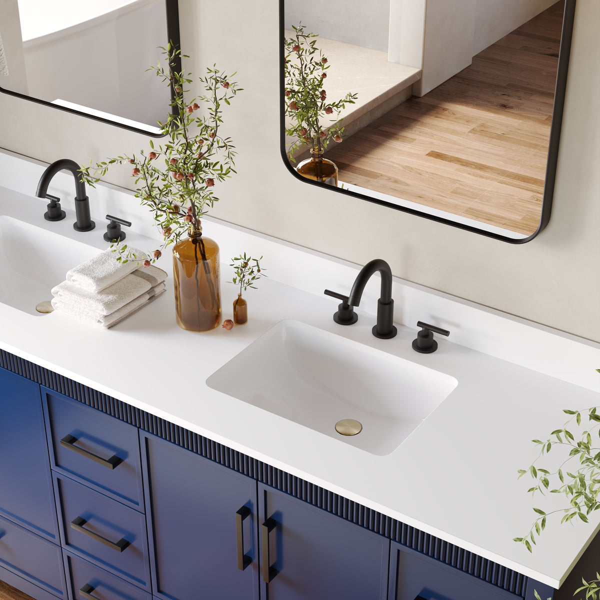 84 Inch Freestanding Solid Wood Bathroom Vanity with Pure White Quartz Countertop, 4 Soft-Close Doors & 11 Dovetail Drawers, Navy Blue