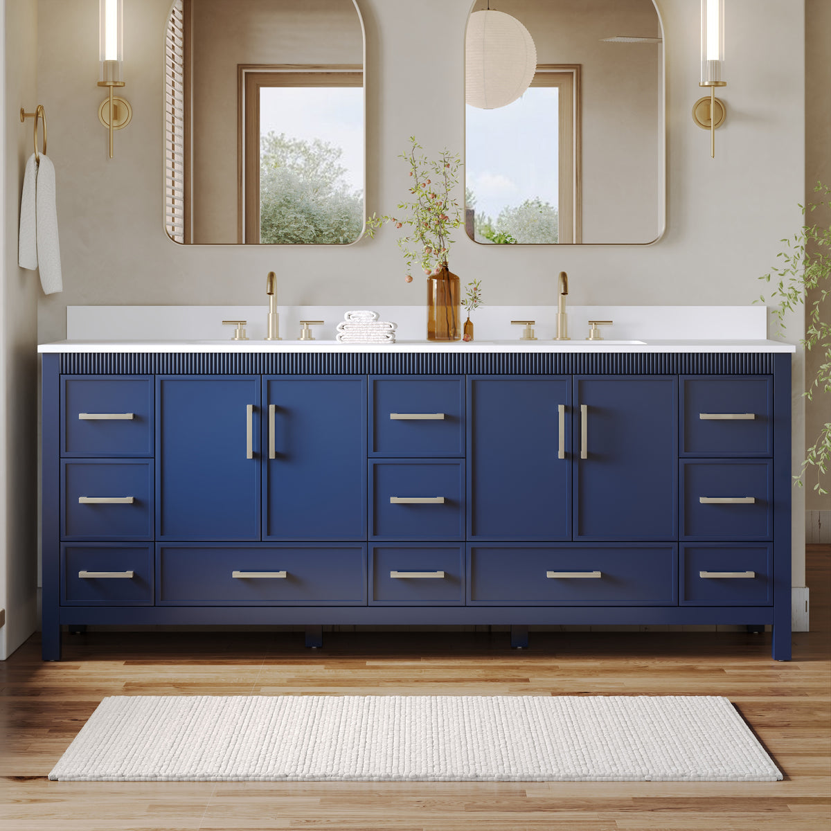 84 Inch Freestanding Solid Wood Bathroom Vanity with Pure White Quartz Countertop, 4 Soft-Close Doors & 11 Dovetail Drawers, Navy Blue