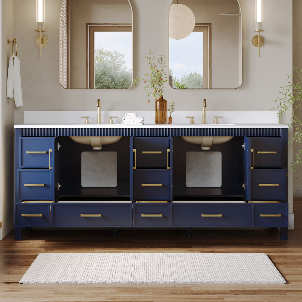 84 Inch Freestanding Solid Wood Bathroom Vanity with Pure White Quartz Countertop, 4 Soft-Close Doors & 11 Dovetail Drawers, Navy Blue