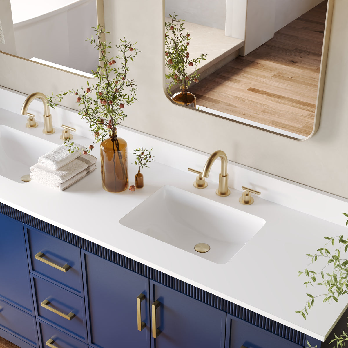 84 Inch Freestanding Solid Wood Bathroom Vanity with Pure White Quartz Countertop, 4 Soft-Close Doors & 11 Dovetail Drawers, Navy Blue