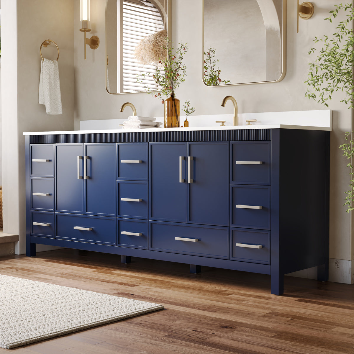 84 Inch Freestanding Solid Wood Bathroom Vanity with Pure White Quartz Countertop, 4 Soft-Close Doors & 11 Dovetail Drawers, Navy Blue
