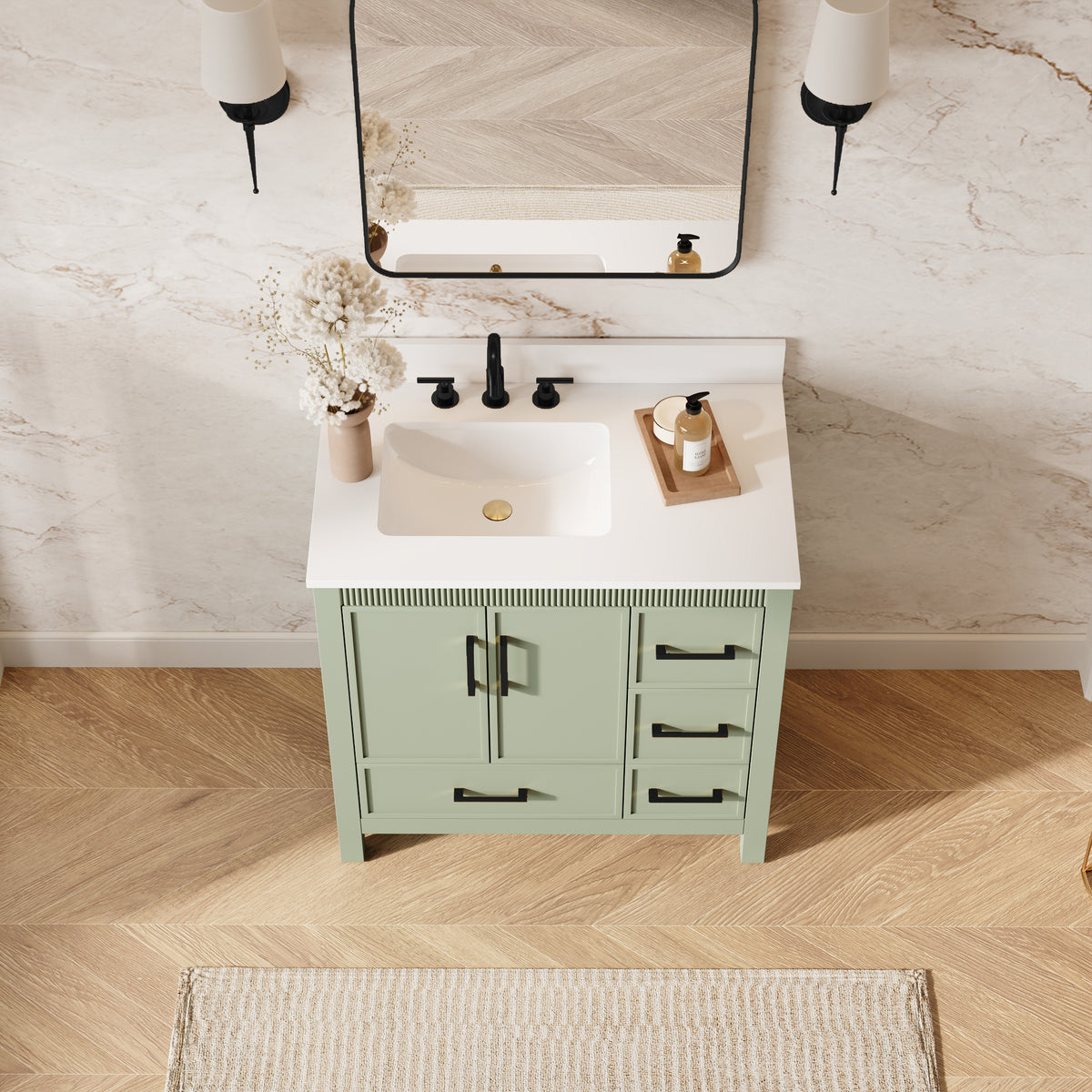 36 Inch Freestanding Solid Wood Bathroom Vanity with Fluted Molding, Pure White Quartz Countertop, SAGE GREEN