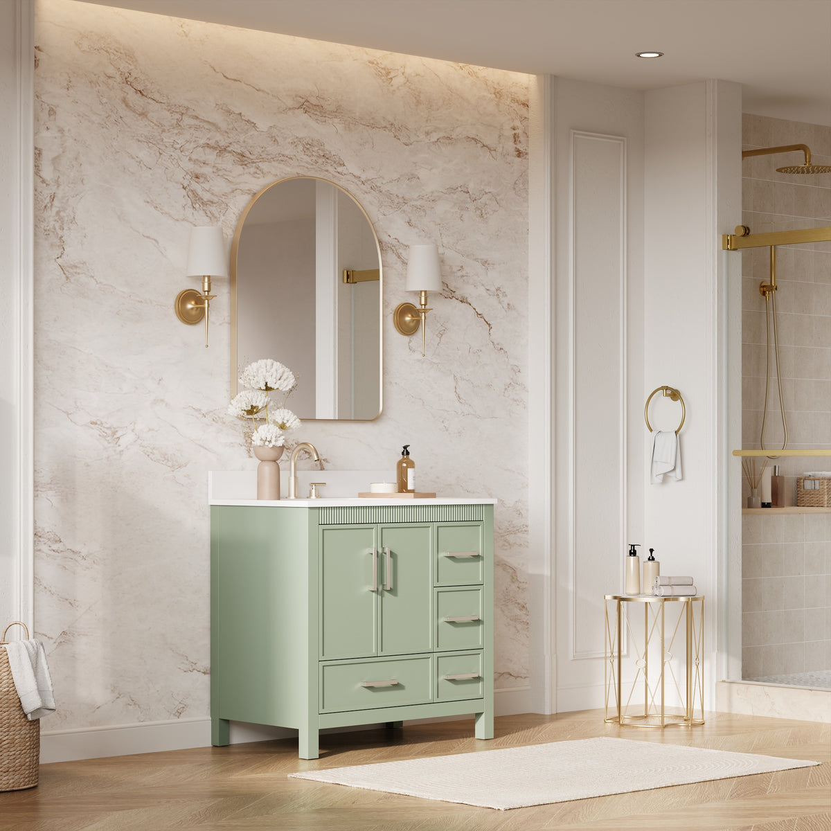 36 Inch Freestanding Solid Wood Bathroom Vanity with Fluted Molding, Pure White Quartz Countertop, SAGE GREEN