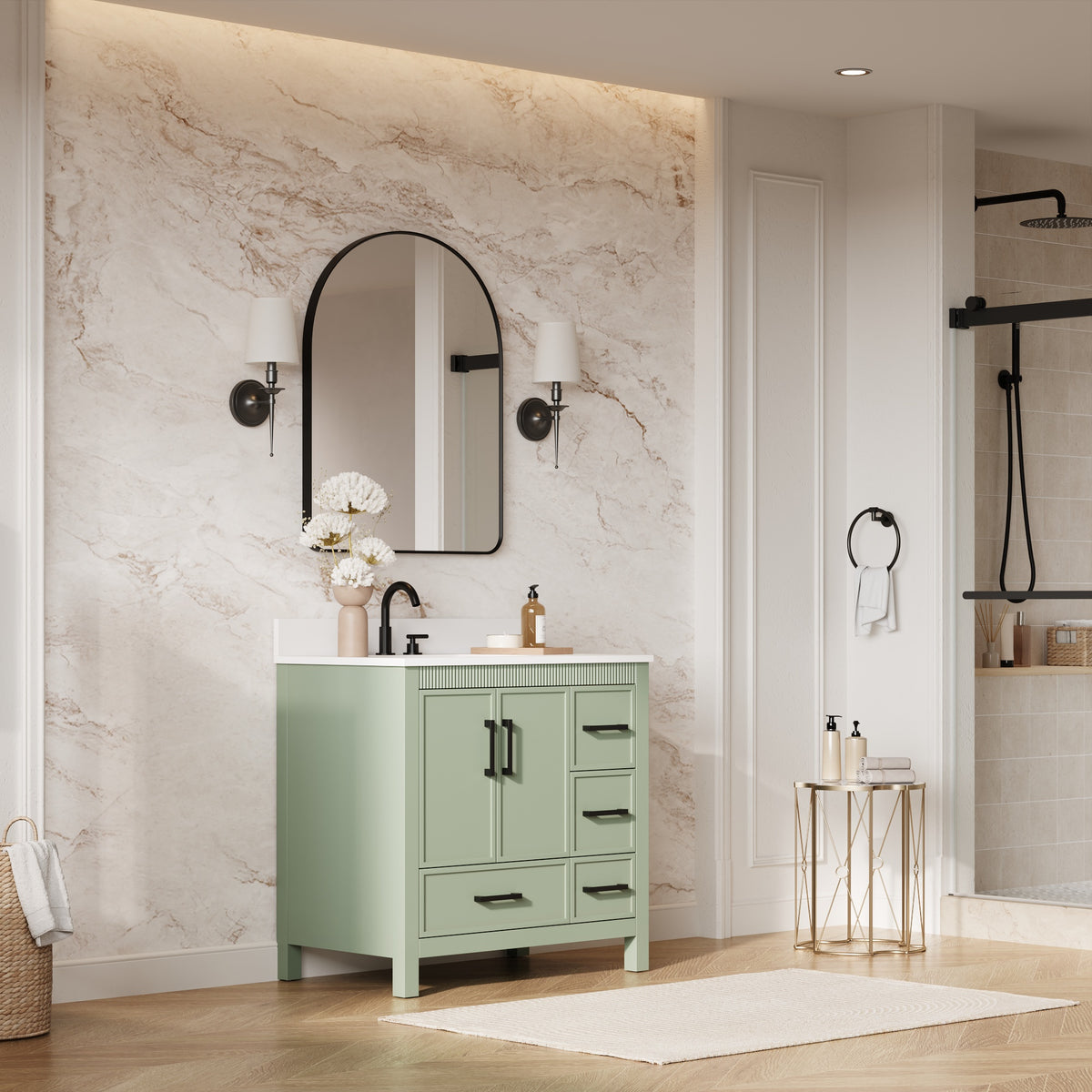 36 Inch Freestanding Solid Wood Bathroom Vanity with Fluted Molding, Pure White Quartz Countertop, SAGE GREEN
