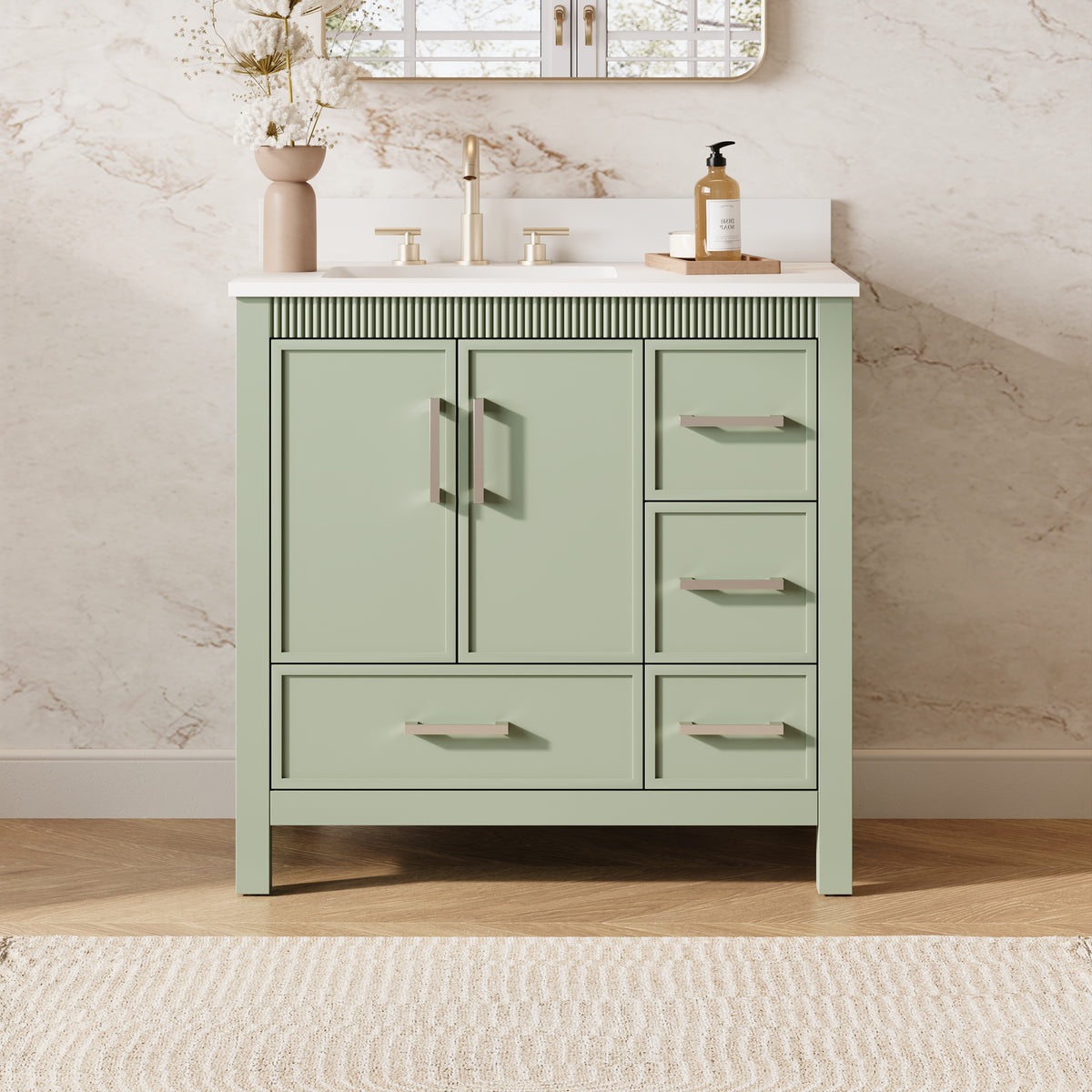 36 Inch Freestanding Solid Wood Bathroom Vanity with Fluted Molding, Pure White Quartz Countertop, SAGE GREEN