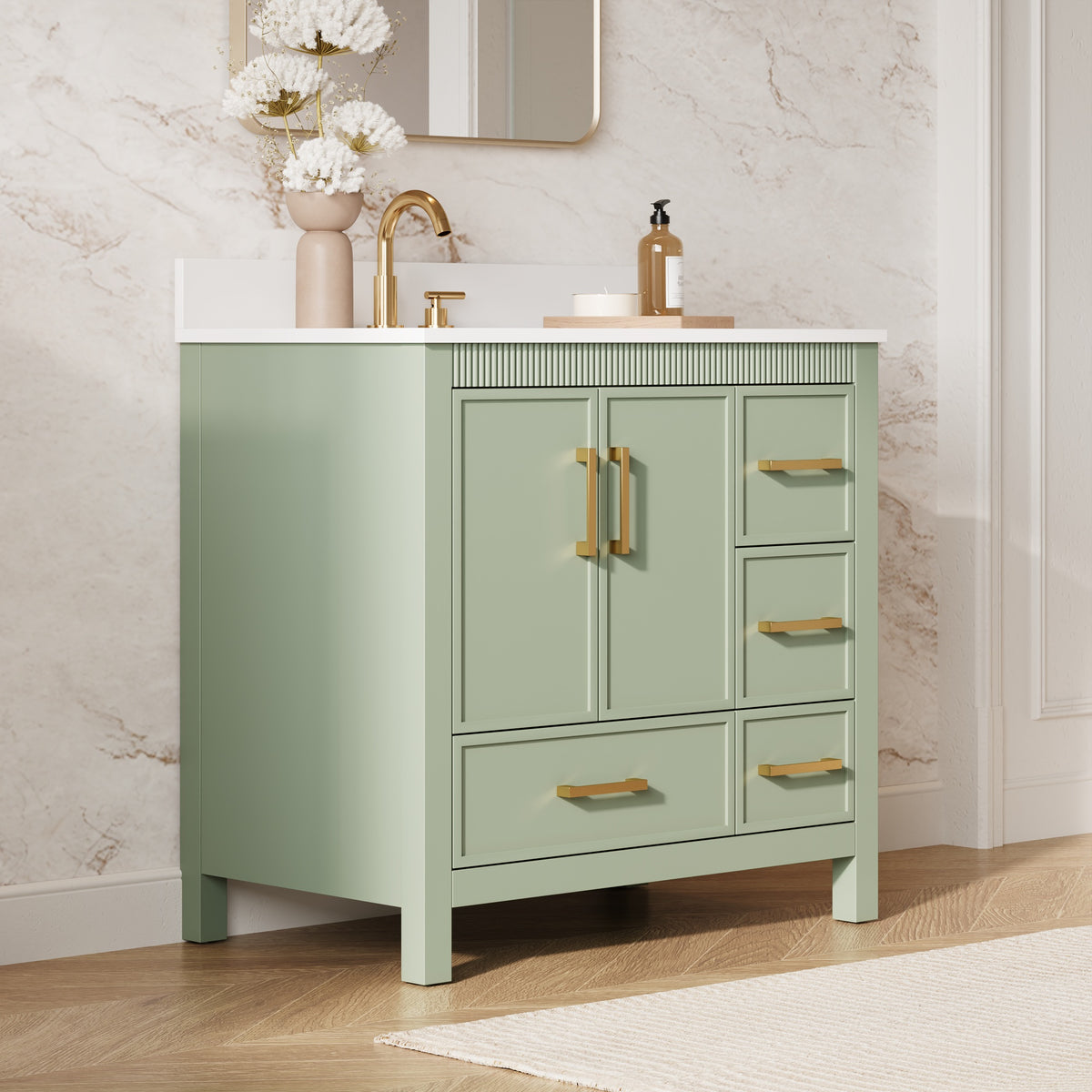 36 Inch Freestanding Solid Wood Bathroom Vanity with Fluted Molding, Pure White Quartz Countertop, SAGE GREEN