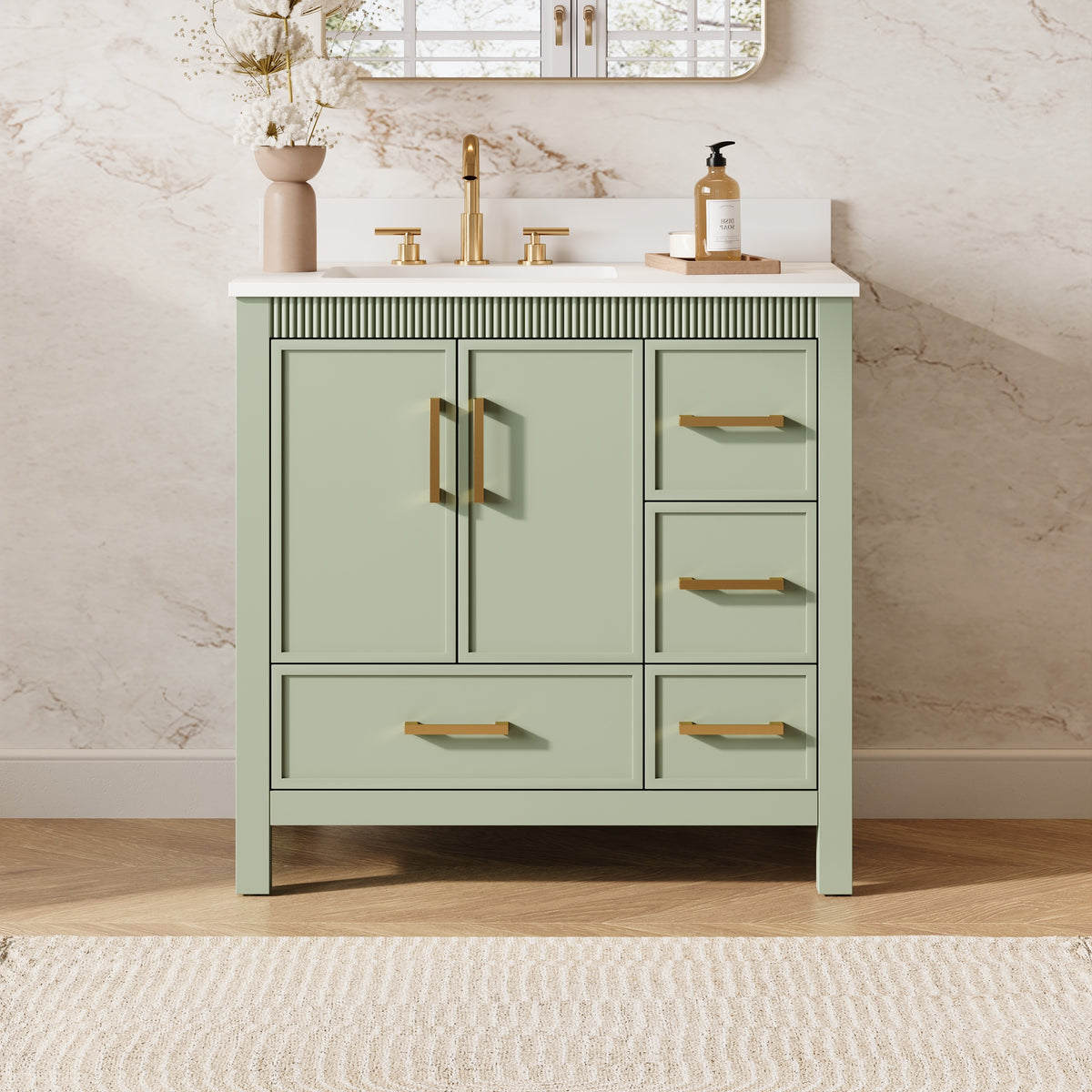 36 Inch Freestanding Solid Wood Bathroom Vanity with Fluted Molding, Pure White Quartz Countertop, SAGE GREEN