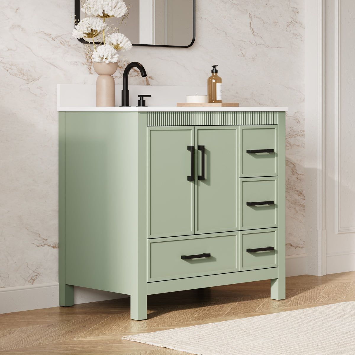 36 Inch Freestanding Solid Wood Bathroom Vanity with Fluted Molding, Pure White Quartz Countertop, SAGE GREEN
