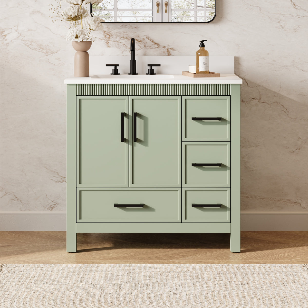 36 Inch Freestanding Solid Wood Bathroom Vanity with Fluted Molding, Pure White Quartz Countertop, SAGE GREEN