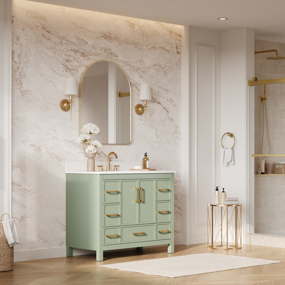 42 Inch Freestanding Solid Wood Bathroom Vanity with Fluted Molding, Pure White Quartz Countertop, SAGE GREEN