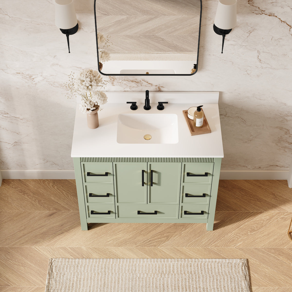 42 Inch Freestanding Solid Wood Bathroom Vanity with Fluted Molding, Pure White Quartz Countertop, SAGE GREEN