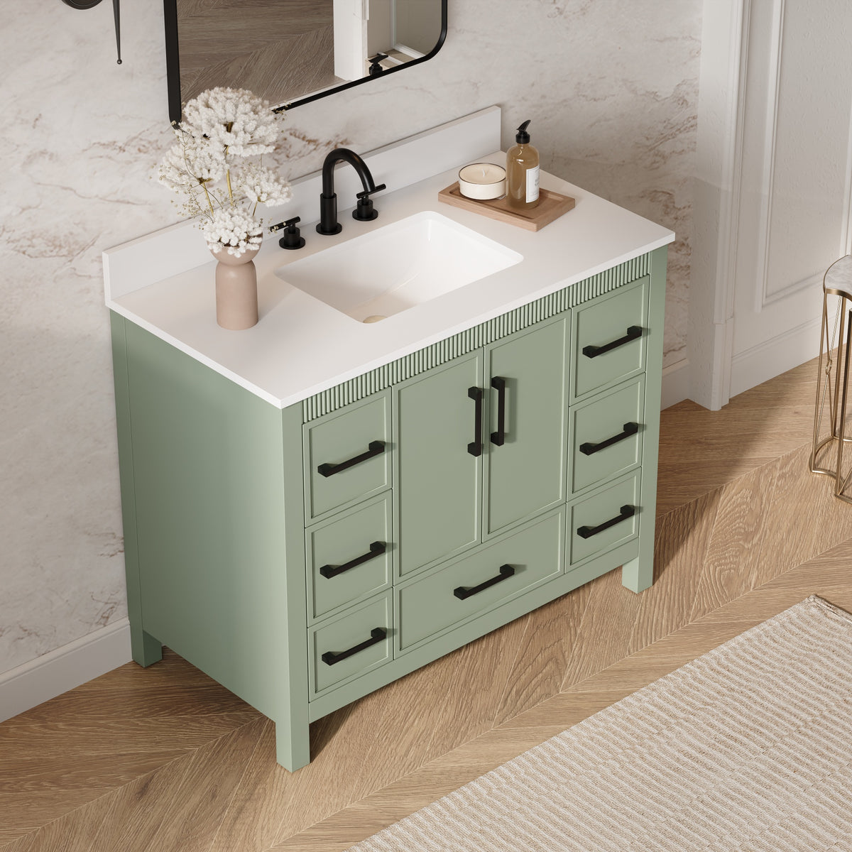 42 Inch Freestanding Solid Wood Bathroom Vanity with Fluted Molding, Pure White Quartz Countertop, SAGE GREEN