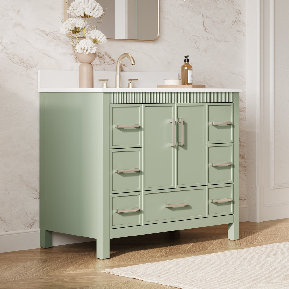 42 Inch Freestanding Solid Wood Bathroom Vanity with Fluted Molding, Pure White Quartz Countertop, SAGE GREEN