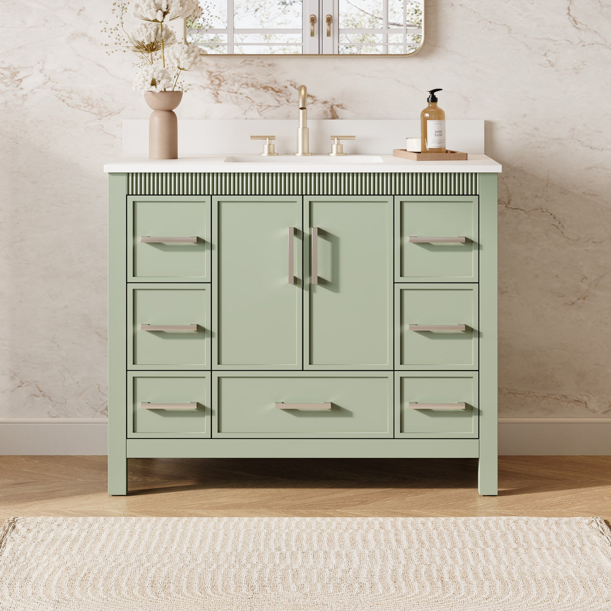 42 Inch Freestanding Solid Wood Bathroom Vanity with Fluted Molding, Pure White Quartz Countertop, SAGE GREEN