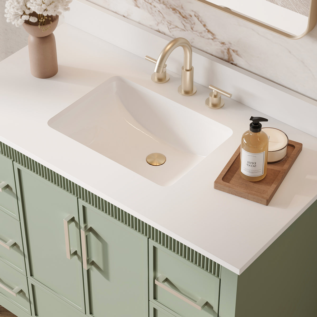 42 Inch Freestanding Solid Wood Bathroom Vanity with Fluted Molding, Pure White Quartz Countertop, SAGE GREEN