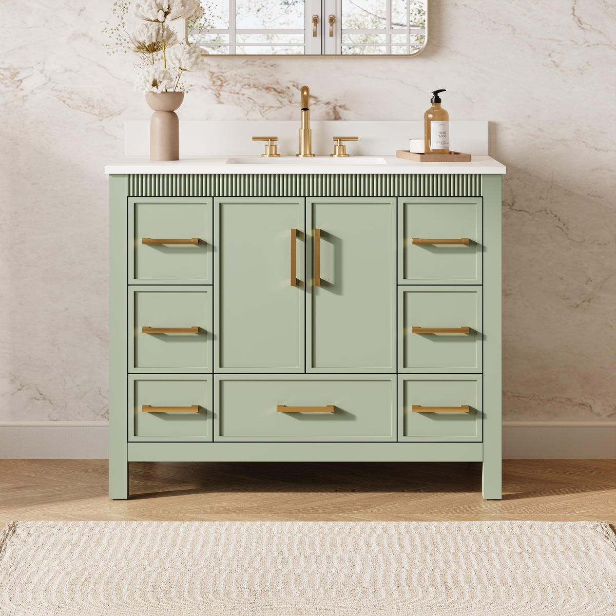 42 Inch Freestanding Solid Wood Bathroom Vanity with Fluted Molding, Pure White Quartz Countertop, SAGE GREEN
