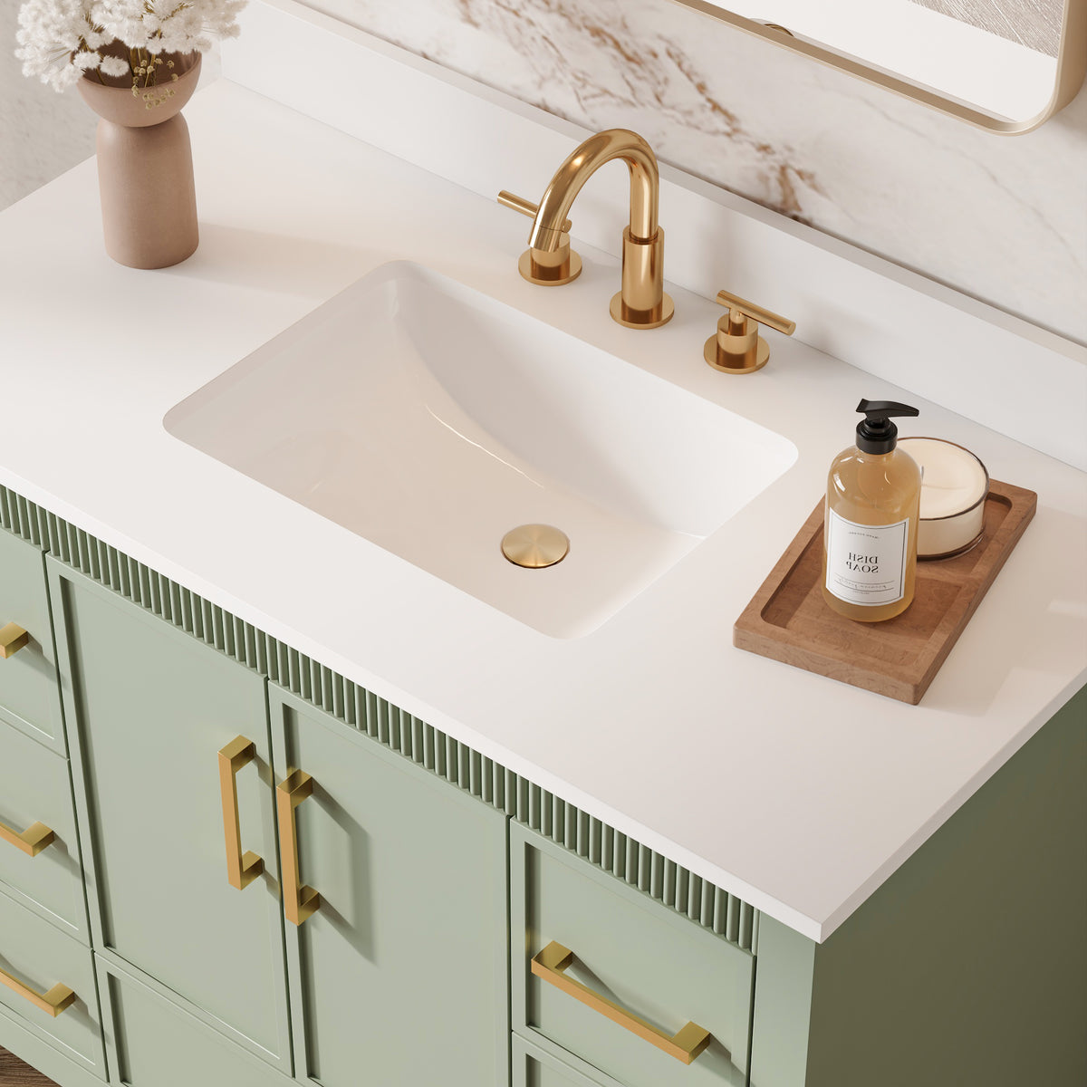 42 Inch Freestanding Solid Wood Bathroom Vanity with Fluted Molding, Pure White Quartz Countertop, SAGE GREEN