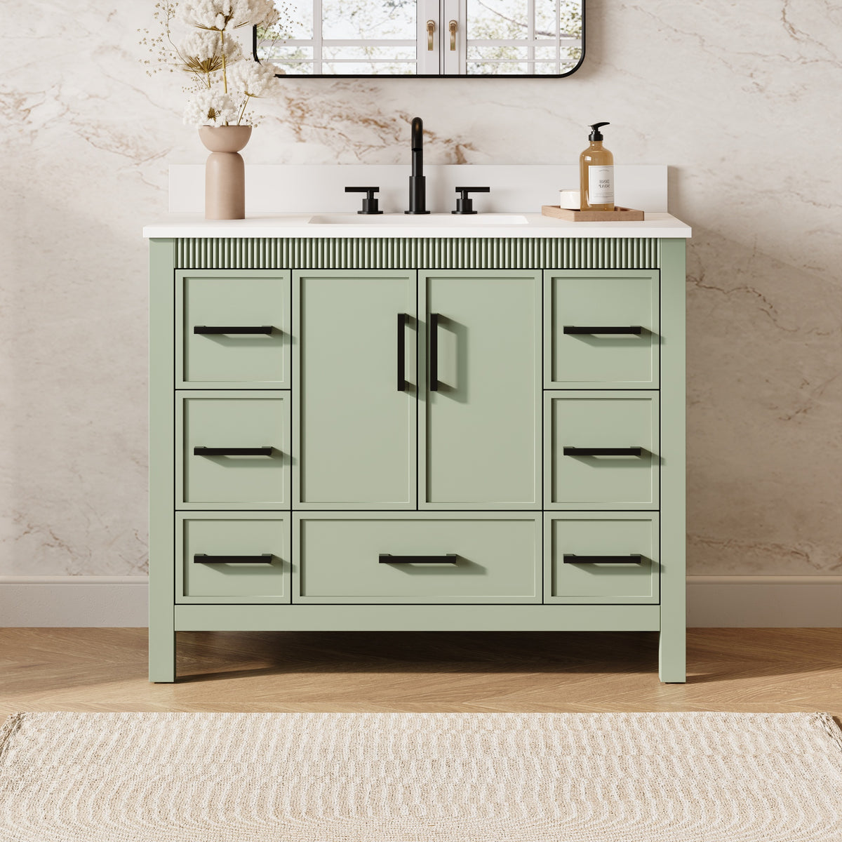 42 Inch Freestanding Solid Wood Bathroom Vanity with Fluted Molding, Pure White Quartz Countertop, SAGE GREEN