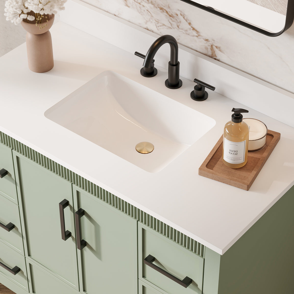 42 Inch Freestanding Solid Wood Bathroom Vanity with Fluted Molding, Pure White Quartz Countertop, SAGE GREEN