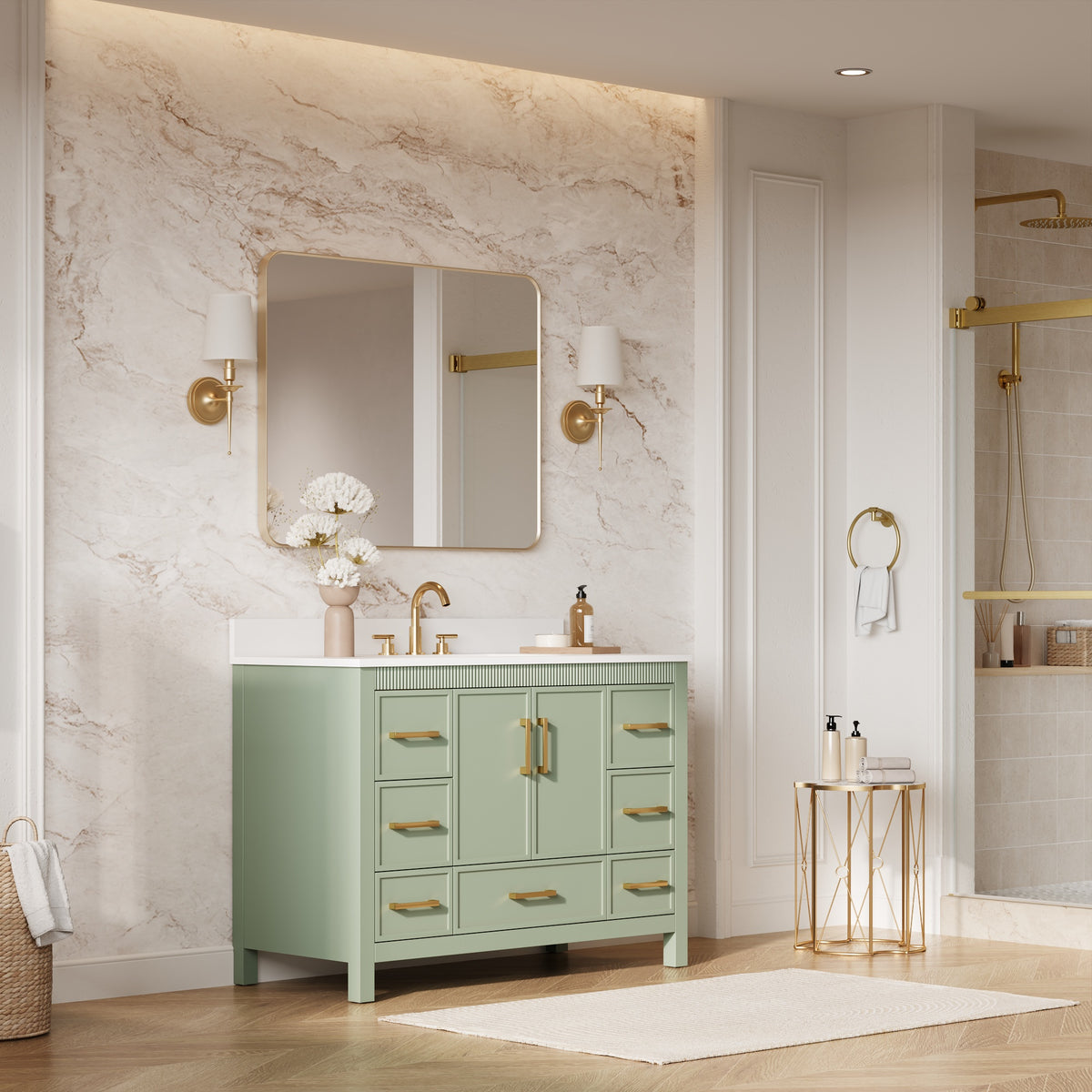 48 Inch Freestanding Solid Wood Bathroom Vanity with Fluted Molding, Pure White Quartz Countertop, SAGE GREEN