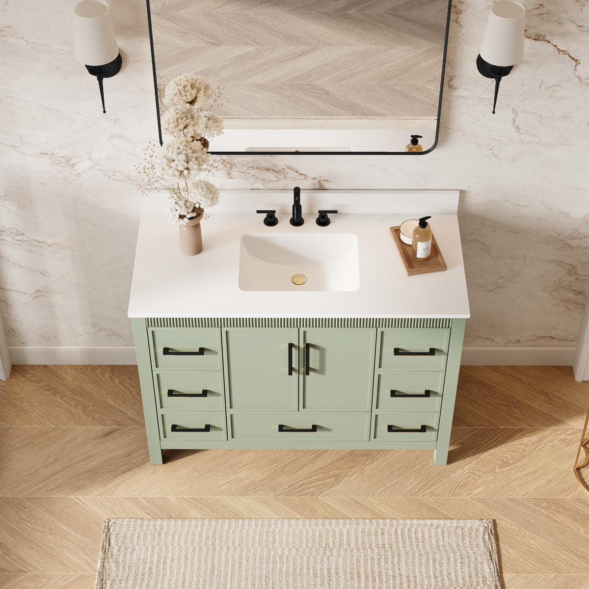 48 Inch Freestanding Solid Wood Bathroom Vanity with Fluted Molding, Pure White Quartz Countertop, SAGE GREEN