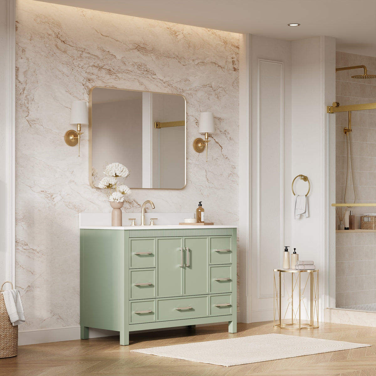 48 Inch Freestanding Solid Wood Bathroom Vanity with Fluted Molding, Pure White Quartz Countertop, SAGE GREEN