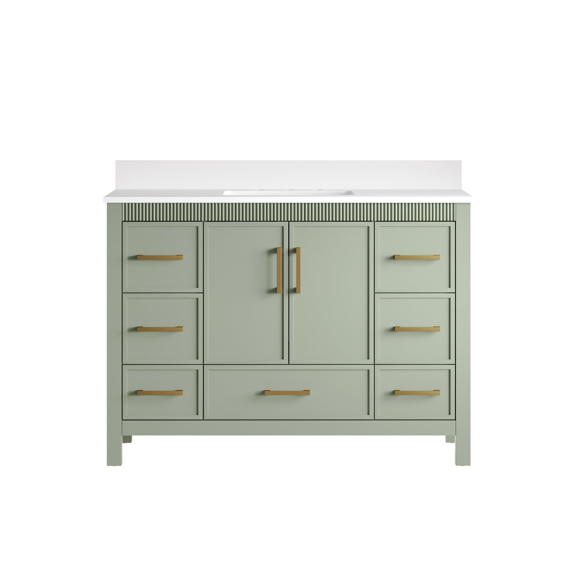 48 Inch Freestanding Solid Wood Bathroom Vanity with Fluted Molding, Pure White Quartz Countertop, SAGE GREEN