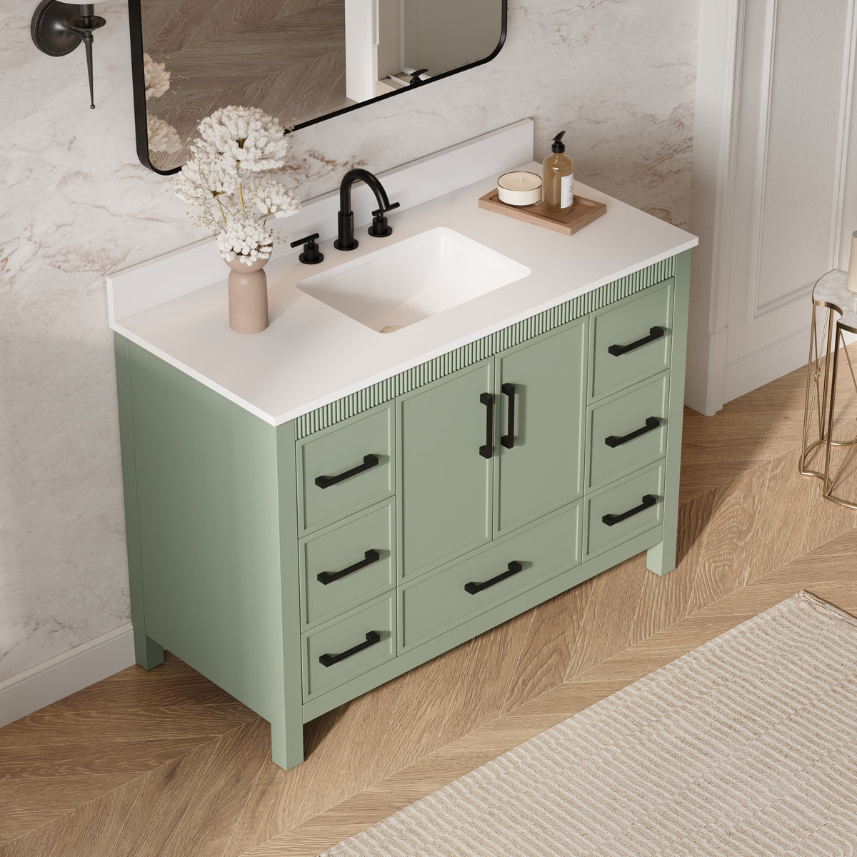 48 Inch Freestanding Solid Wood Bathroom Vanity with Fluted Molding, Pure White Quartz Countertop, SAGE GREEN
