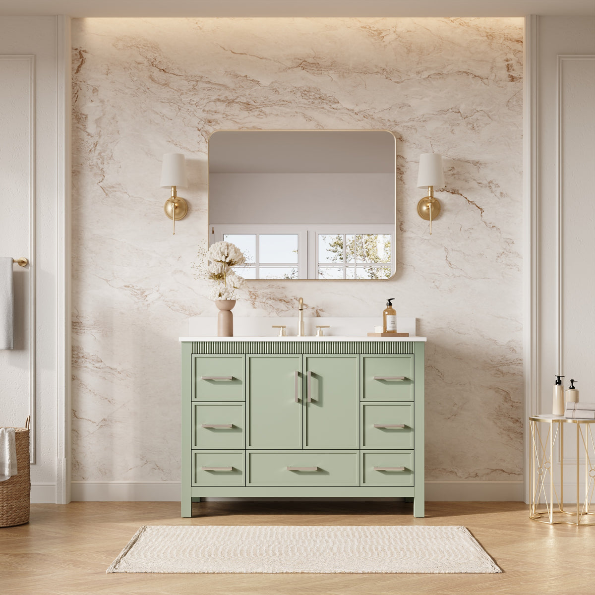 48 Inch Freestanding Solid Wood Bathroom Vanity with Fluted Molding, Pure White Quartz Countertop, SAGE GREEN